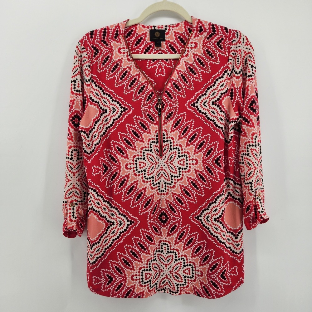 JM Collection Womens Pink White Patterned 3/4 Sleeve Zipper V-Neck Top Petite L